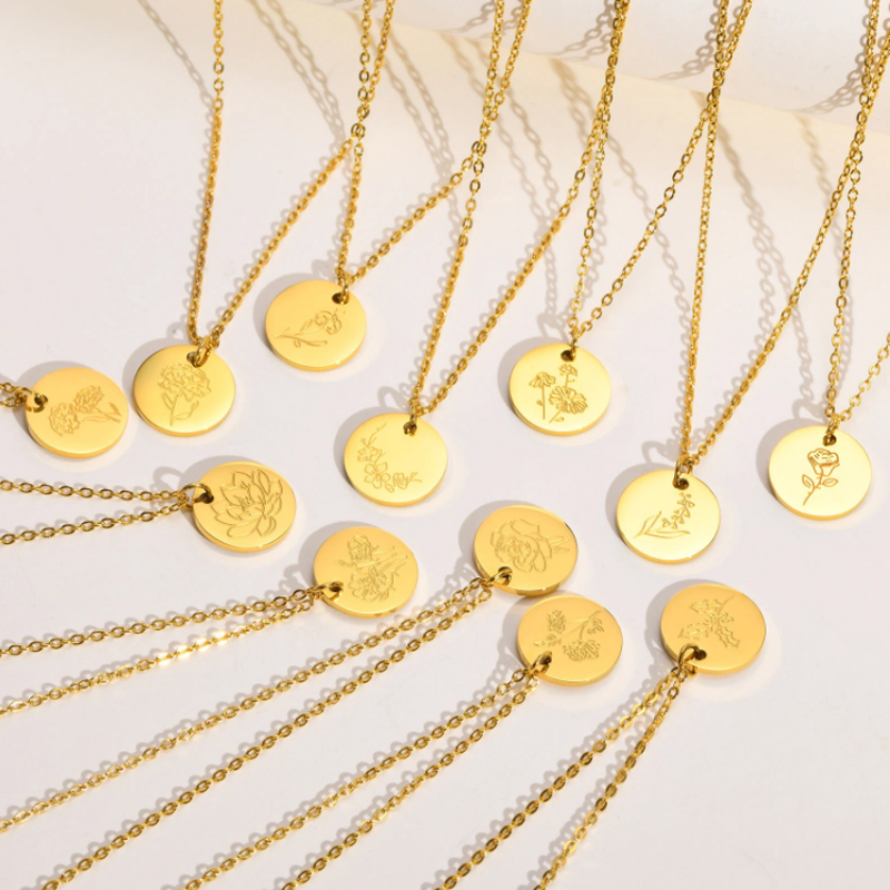Birth Flower Necklace - チタンとスチールのネックレス,不規則なペンダント,花,月,色の保存,12月