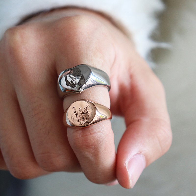 カスタム刻印写真ロゴ名ハートラウンドリング男性女性用ステンレ - Initial Ring Custom のレビューと価格