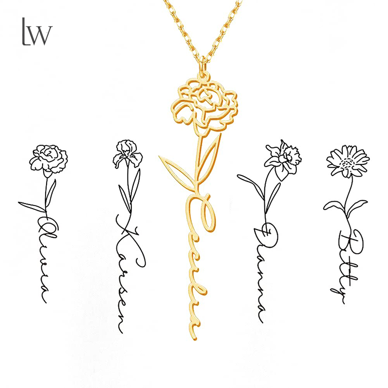パーソナライズされた誕生花ネームネックレス カスタムネームネ - Birth Flower Necklace のレビューと価格